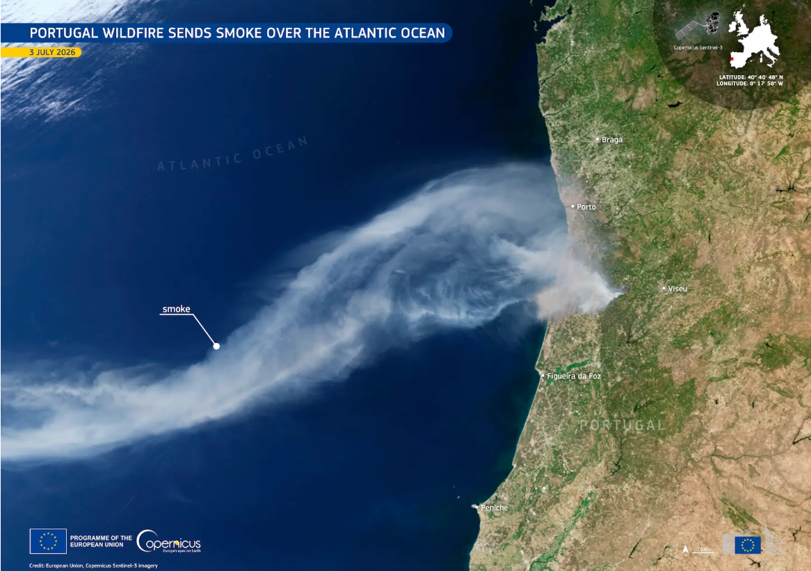 Satélite capta incendio de 620 km en Portugal desde el espacio